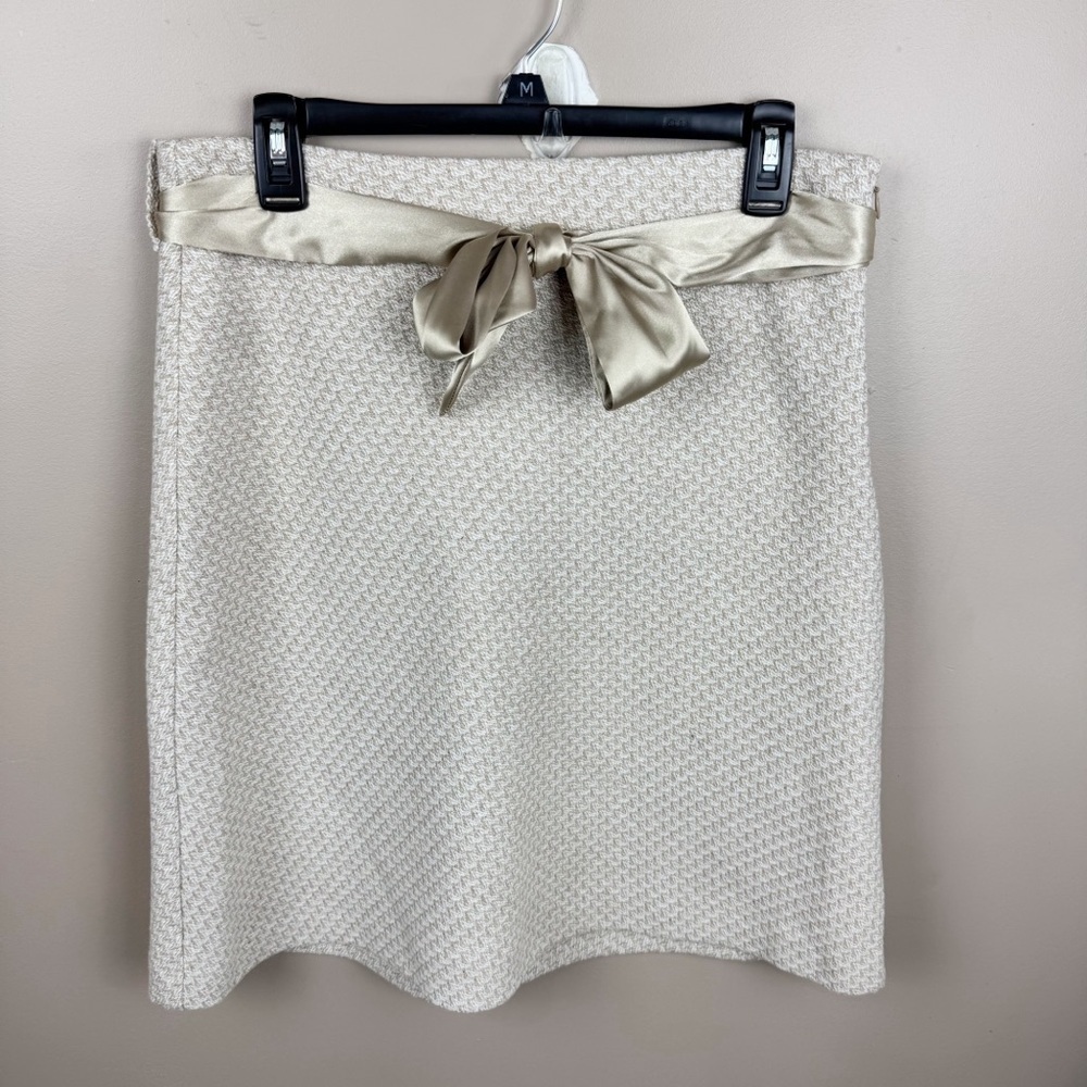 Vintage Wool Blend Low Waist Beige Textured Metallic Pencil Skirt with Satin Tie